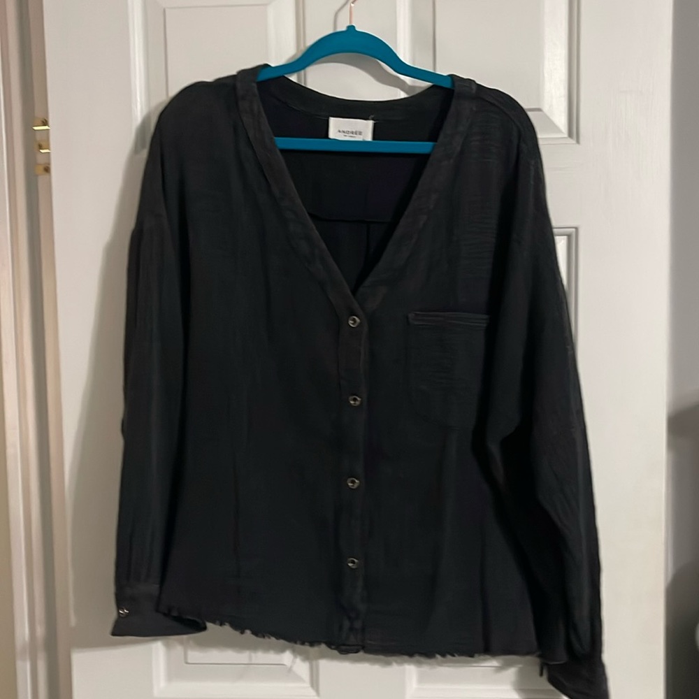 Cotton Gauze - Black Long Sleeve Button Down Blouse V Neck